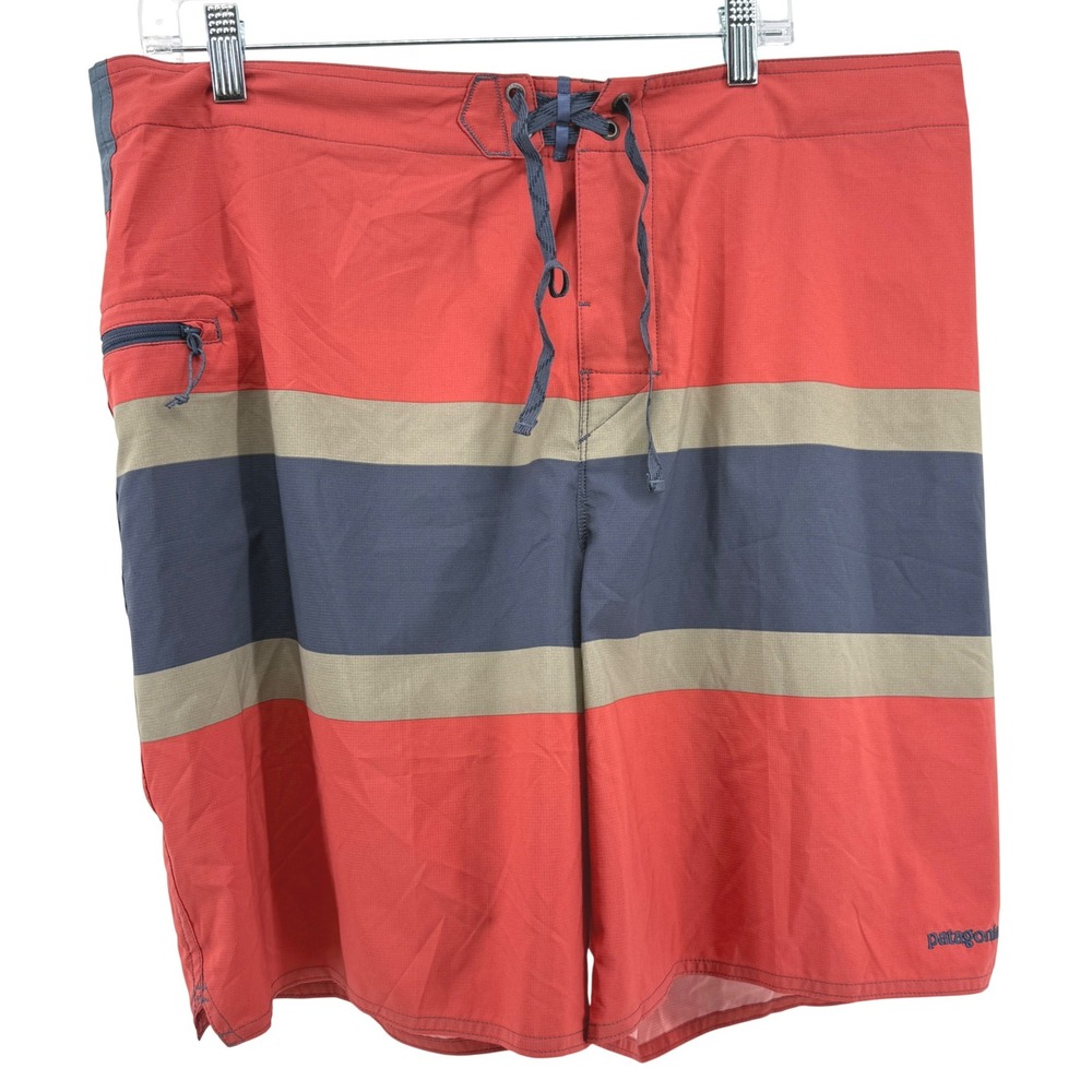 NEW Patagonia Boardshorts Mens 38 Boardshorts Red Rugby Stripe Stretch Planing